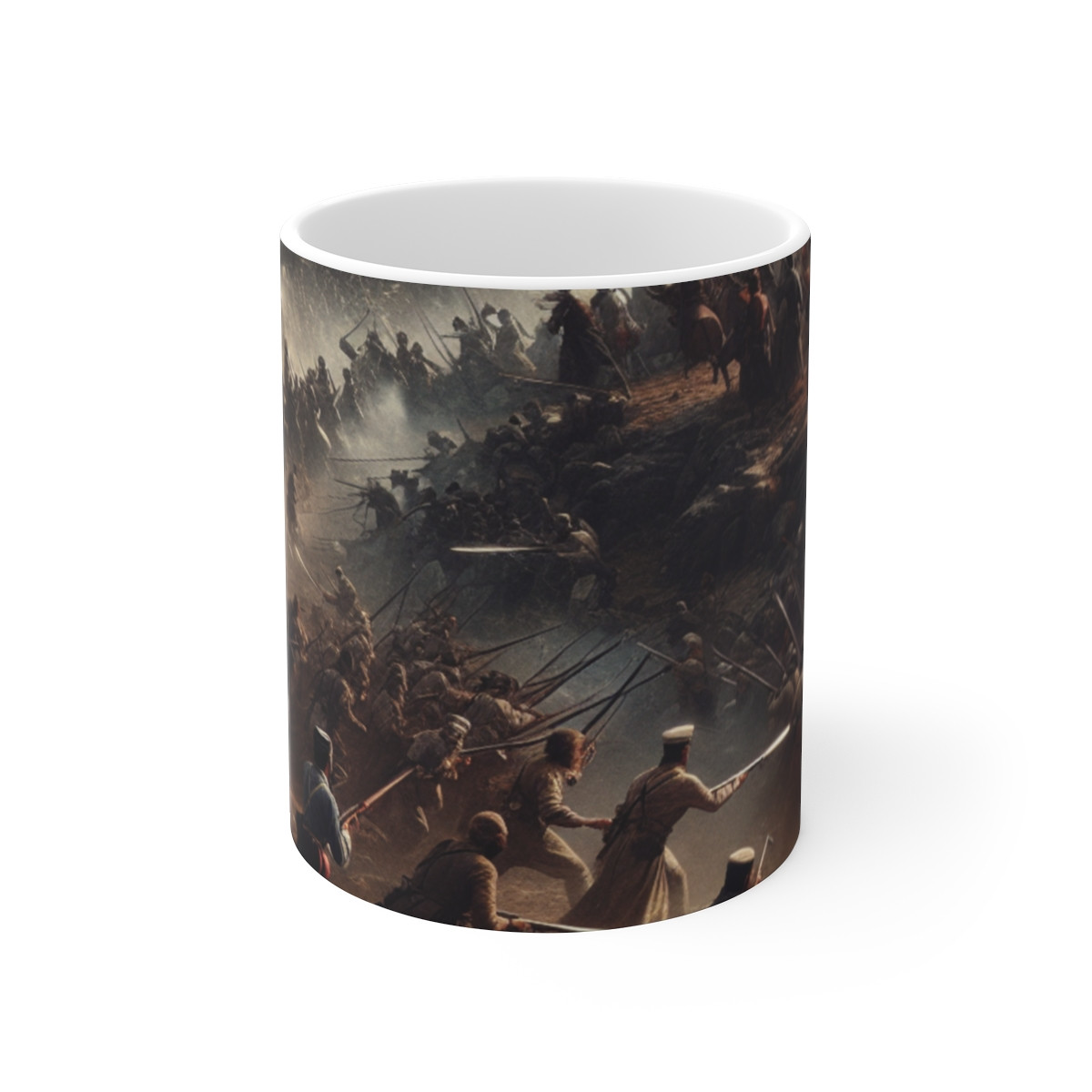 "Armies Clash: Multicultural Warriors on a Smoky Battlefield Mug" - Mugs