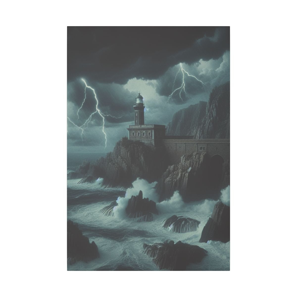 Stormbound Seclusion: A Moody Lighthouse Amid Thunderous Waves Canvas Art - Canvas
