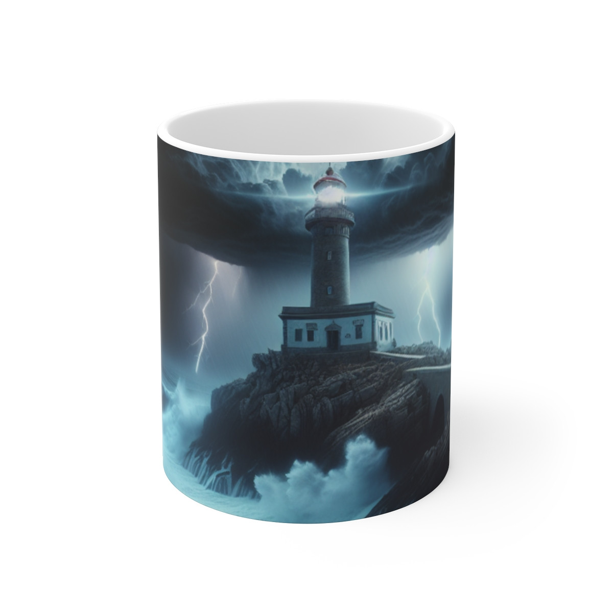 Stoic Lighthouse in Storm: Moody Seascape Mug - Mugs