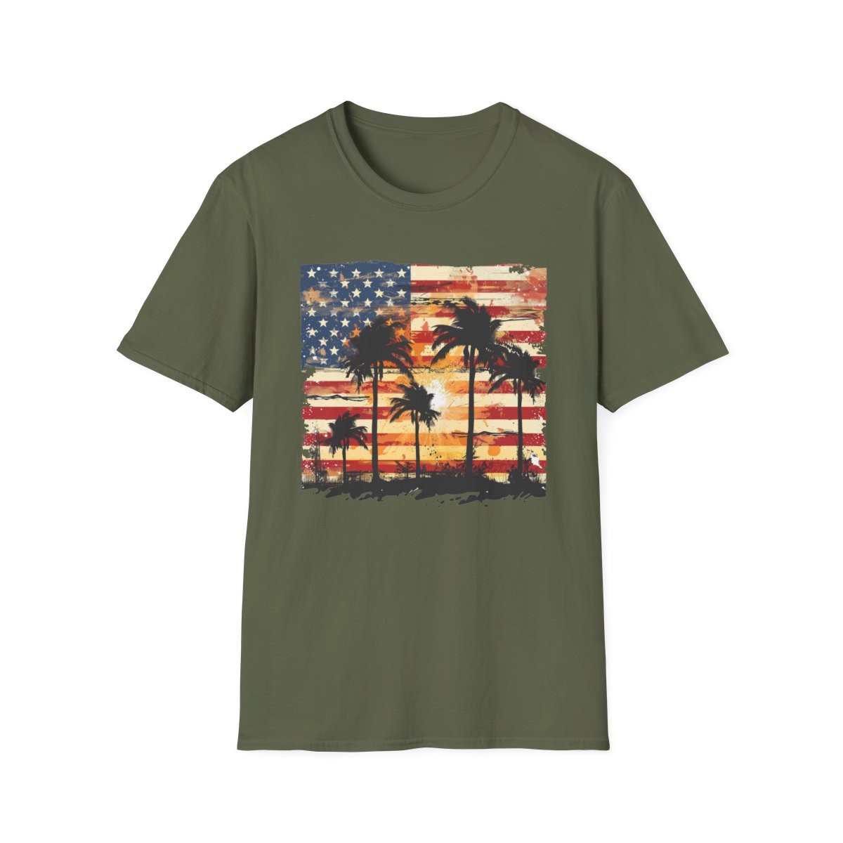 American Flag Beach Palms on a Unisex Softstyle T-Shirt