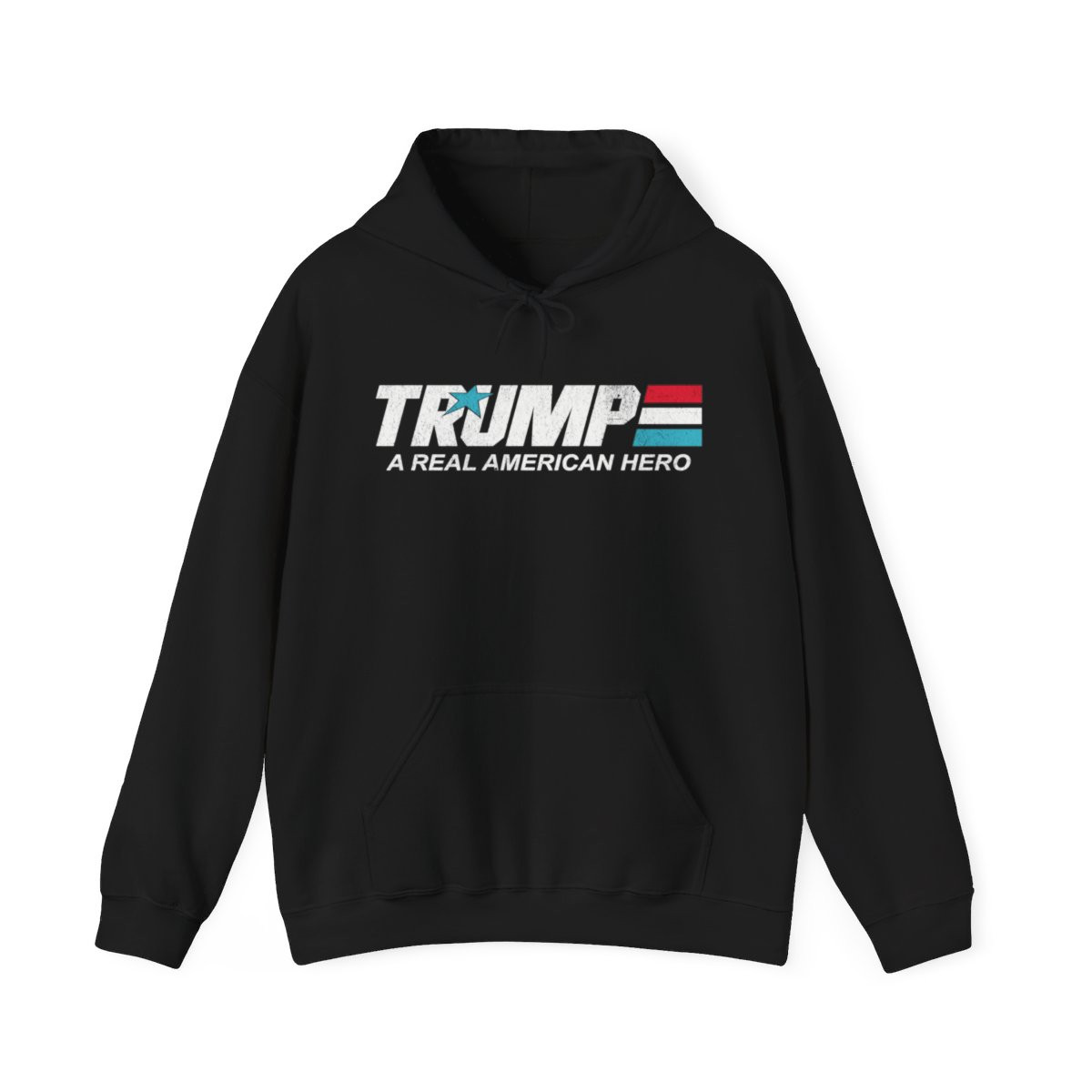 Trump A Real American Hero Hoodie | Full Front Distressed Print | Unisex Heavy Blend Hooded Sweatshirt