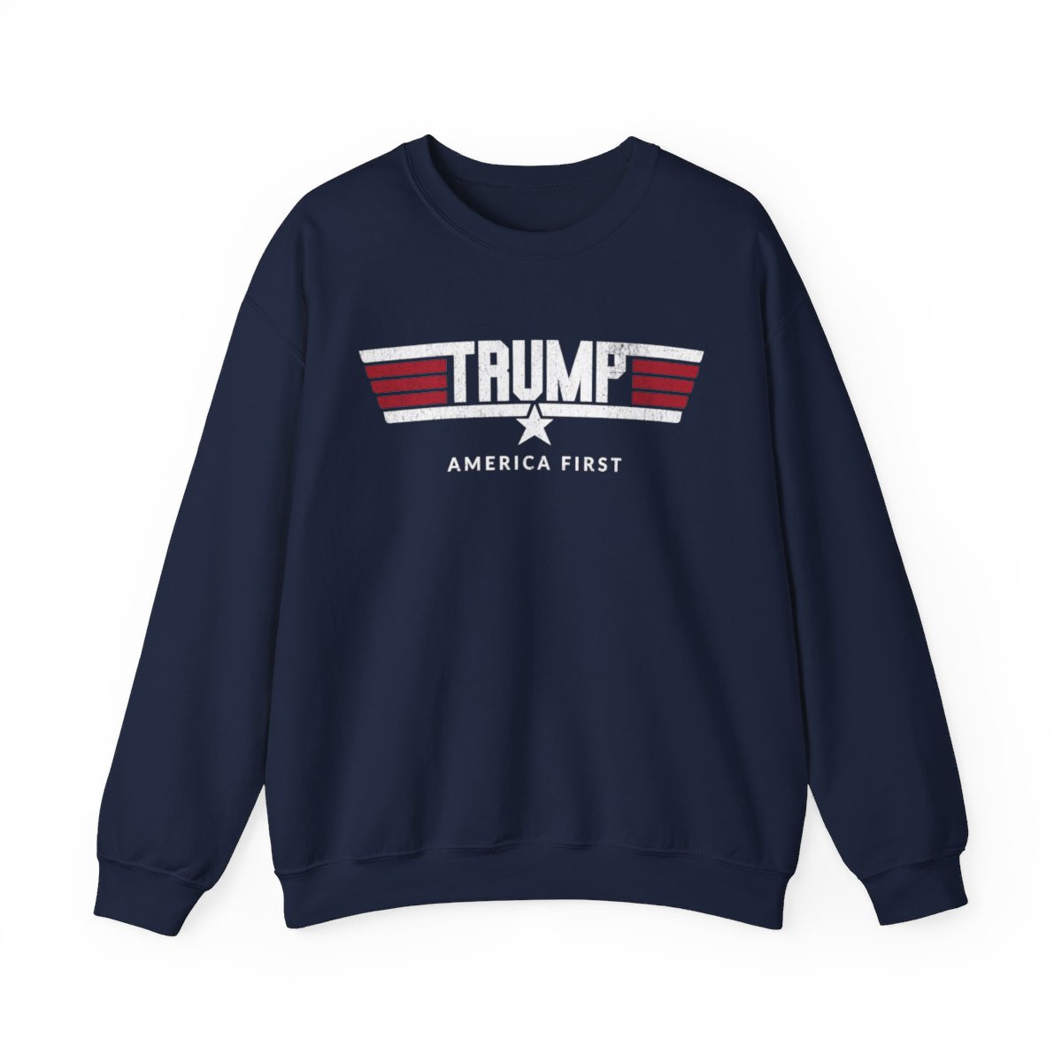 Top Gun Trump Sweatshirt | Full Front Distressed Print | Unisex Heavy Blend Crewneck Sweatshirt