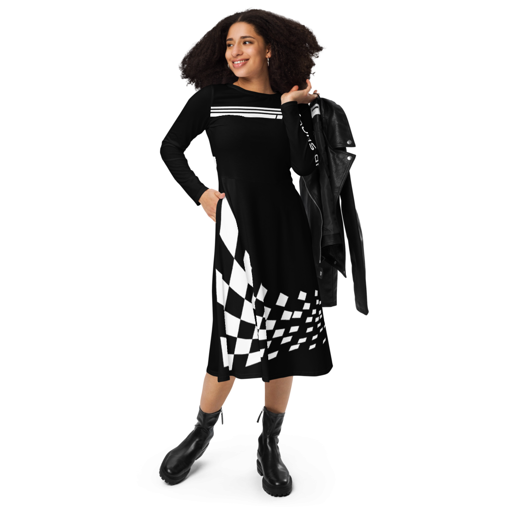 Speed and Show Race track inspired all-over print long sleeve midi dress