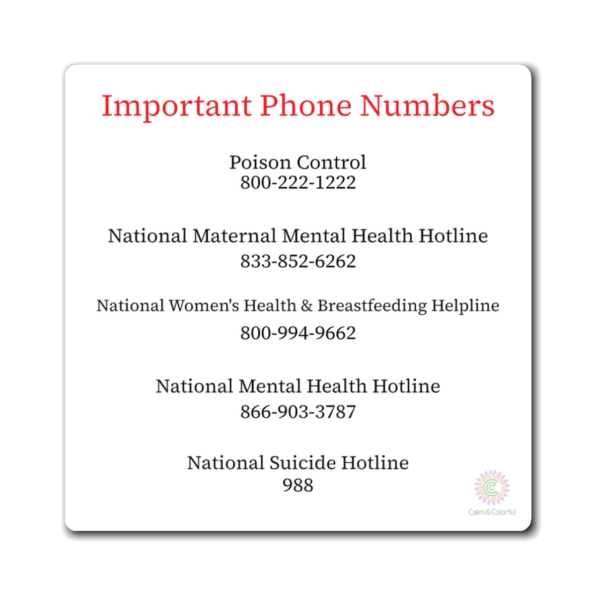 Important Phone Numbers Magnet - Mental Health & Safety Resources
