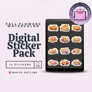 [Digital Stickers] Fall Flowers Watercolor (White Outline) 15 PNGs