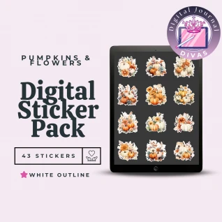 [Digital Stickers] Pumpkins & Flowers (White Outline) 43 PNGs