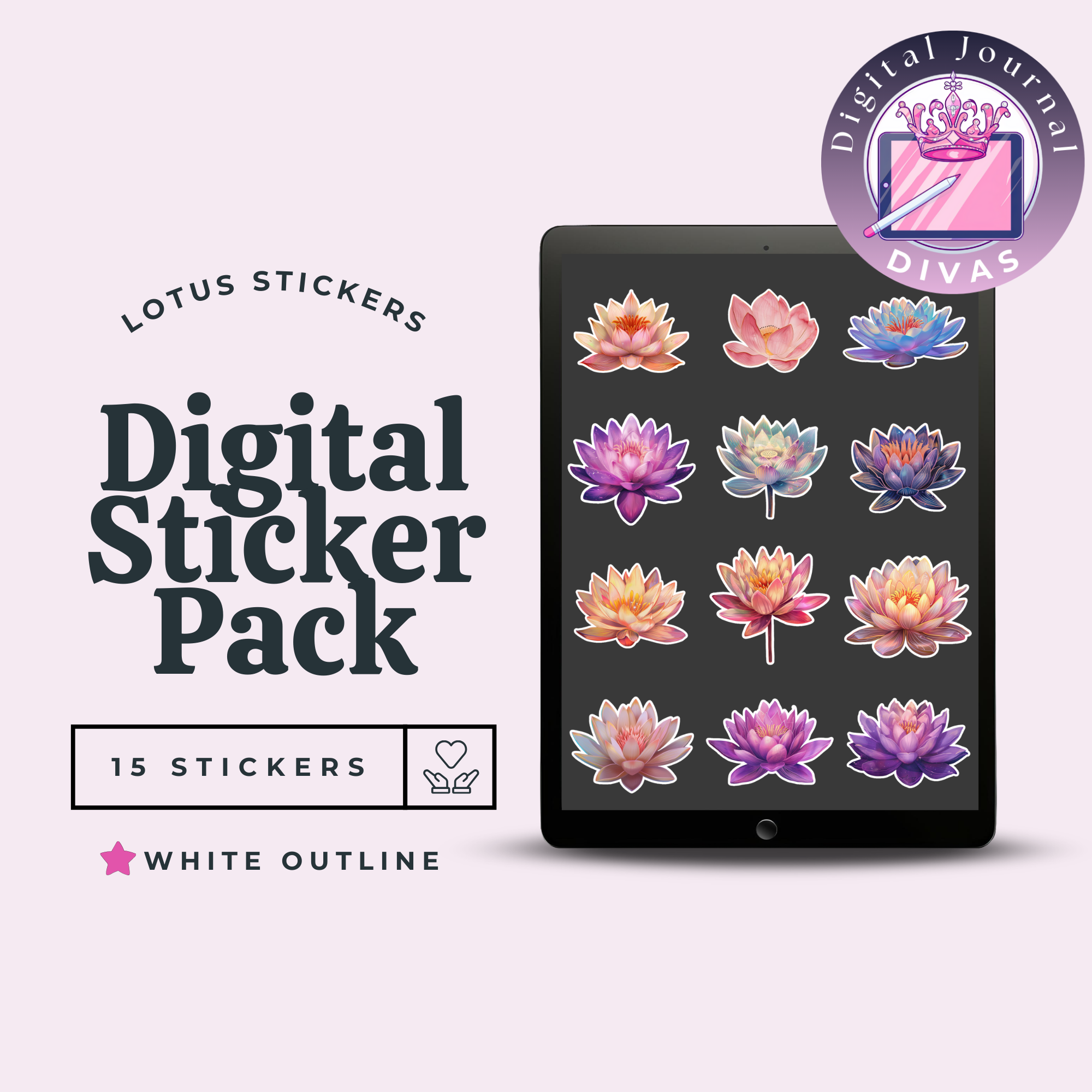 [Digital Stickers] Lotus Stickers (White Outline) 15 PNGs