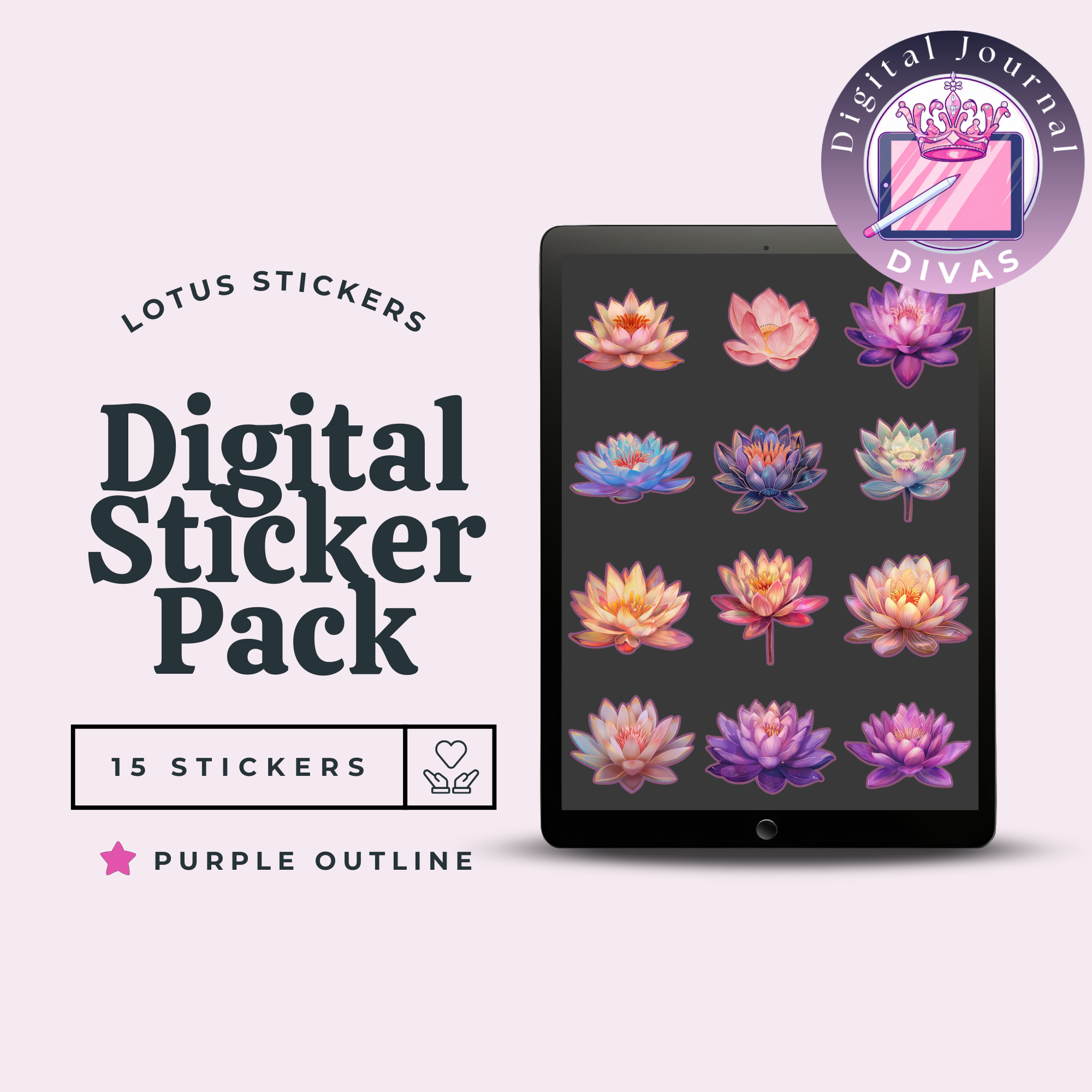 [Digital Stickers] Lotus Stickers (Purple Outline) 15 PNGs