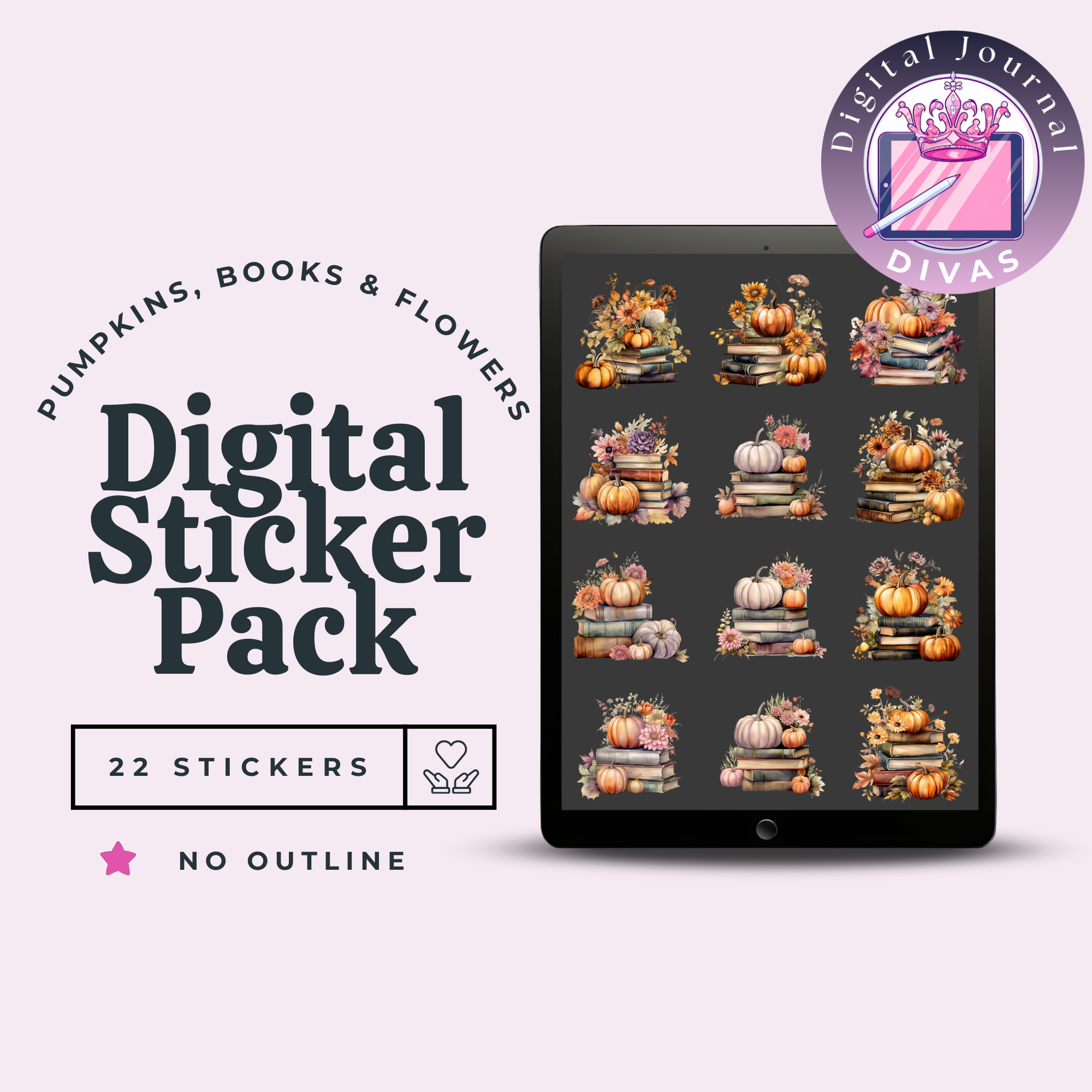 [Digital Stickers] Pumpkins, Books, & Flowers (No Outline) 22 PNGs