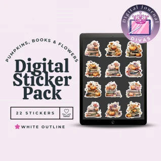 [Digital Stickers] Pumpkins, Books, & Flowers (White Outline) 22 PNGs