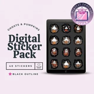 Digital Stickers] Ghosts & Pumpkins (Black Outline) 40 PNGs