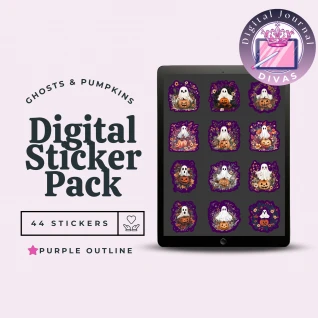 Digital Stickers] Ghosts & Pumpkins (Purple Outline) 44 PNGs