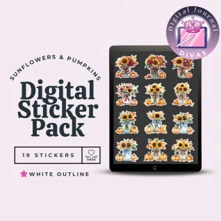 [Digital Stickers] Sunflowers & Pumpkins (White Outline) 19 PNGs