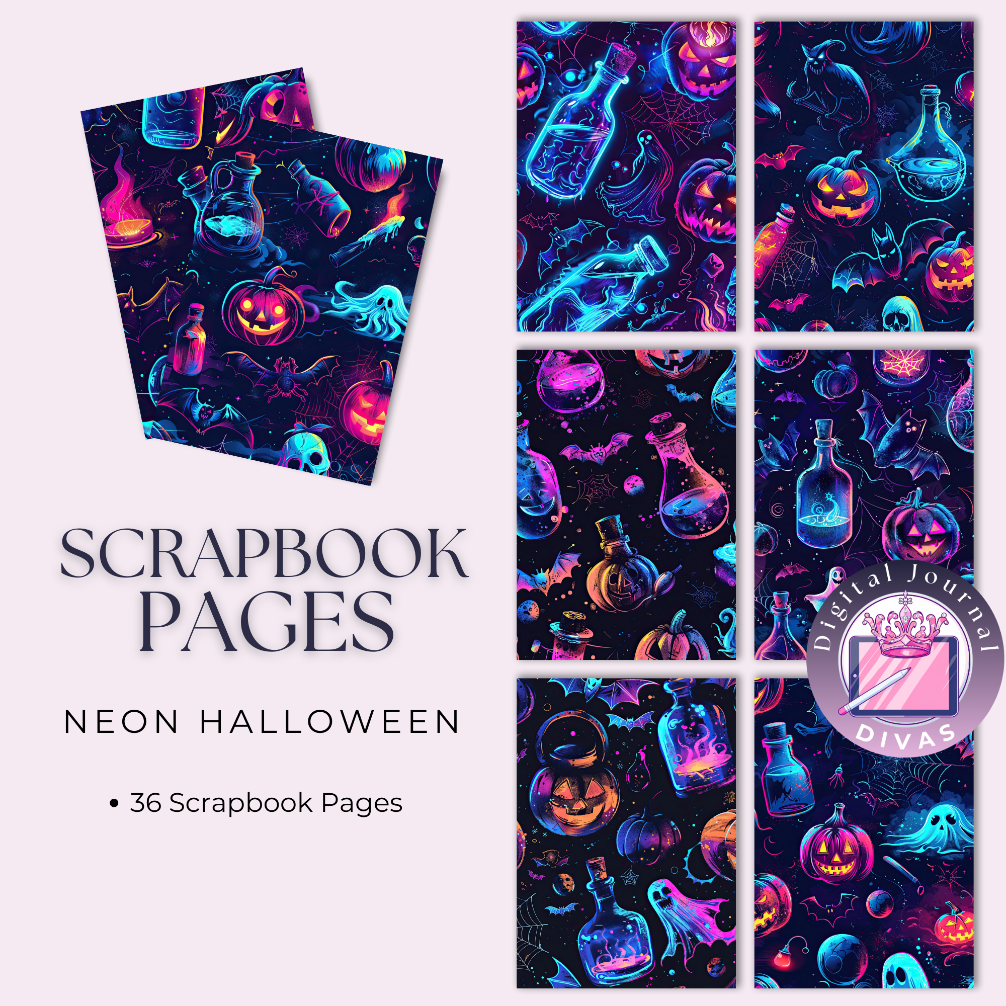 [Scrapbook Pages]  Neon Halloween Pages 36 PNGs