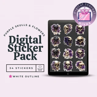 [Digital Stickers] Purple Skulls & Flowers (White Outline) 34 PNGs