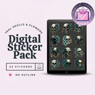 [Digital Stickers] Teal Skulls & Flowers (No Outline) 23 PNGs
