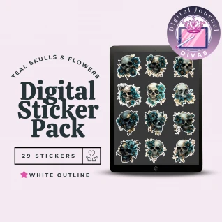 [Digital Stickers] Teal Skulls & Flowers (White Outline) 29 PNGs