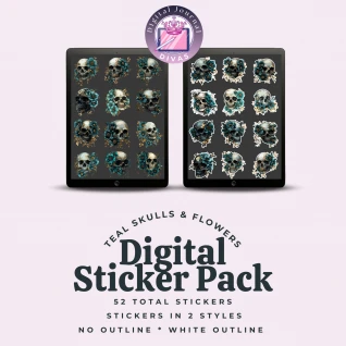 [Digital Stickers] Teal Skulls & Flowers BUNDLE 52 PNGs