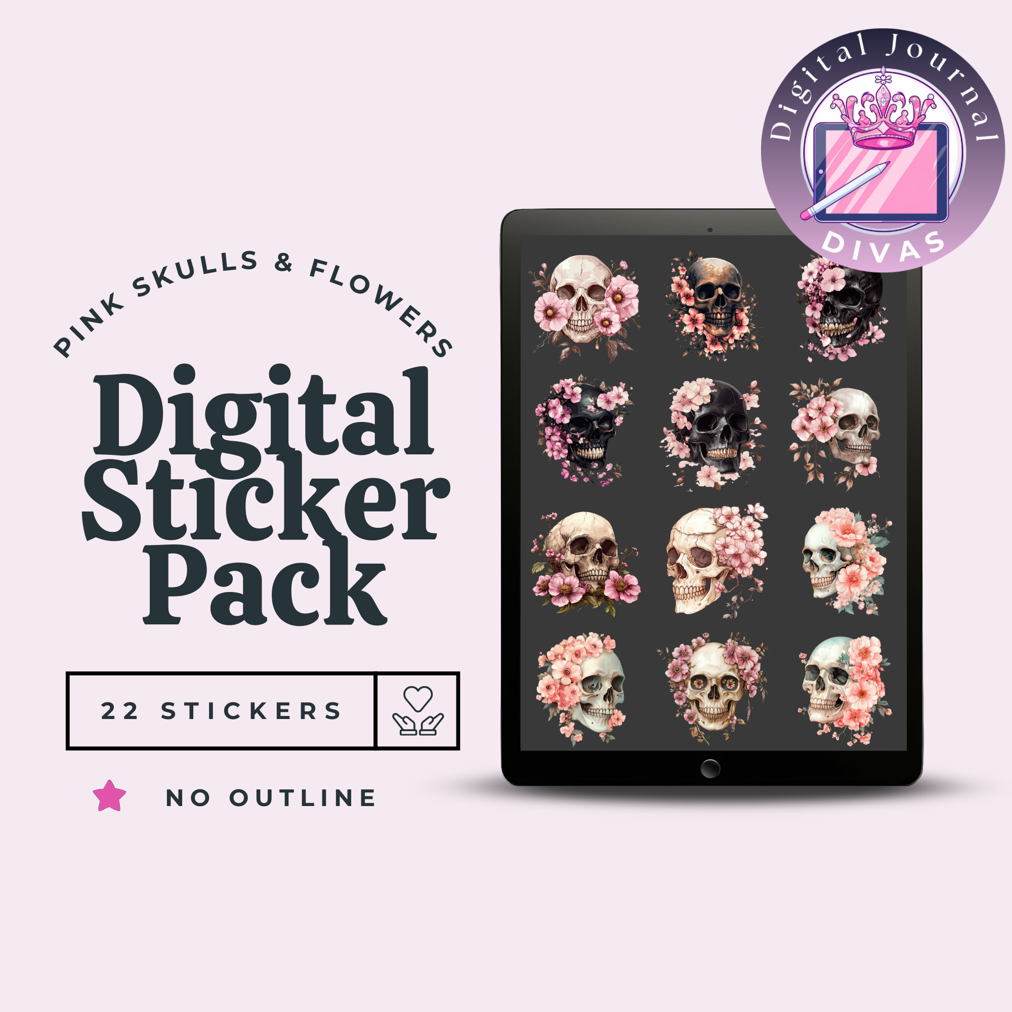 [Digital Stickers] Pink Skulls & Flowers (No Outline) 22 PNGs