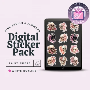 [Digital Stickers] Pink Skulls & Flowers (White Outline) 24 PNGs
