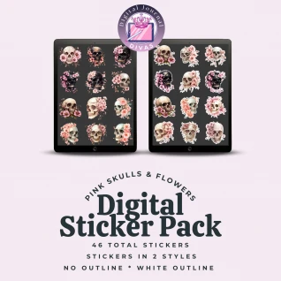 [Digital Stickers] Pink Skulls & Flowers BUNDLE 46 PNGs