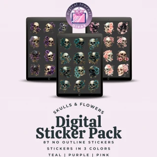 [Digital Stickers] Skulls & Flowers (No Outline) (3 Colors) BUNDLE 87 PNGs