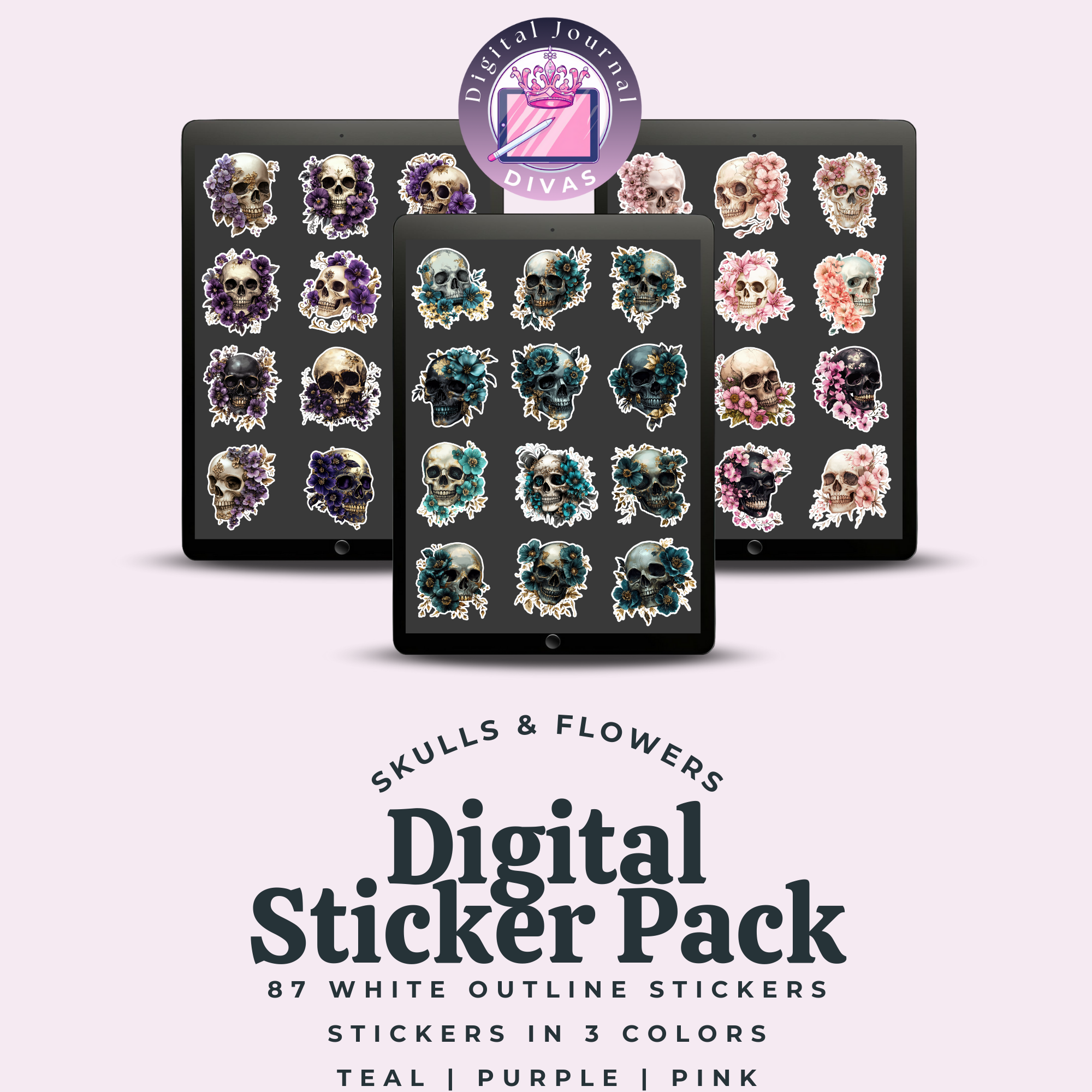 [Digital Stickers] Skulls & Flowers (White Outline) (3 Colors) BUNDLE 87 PNGs