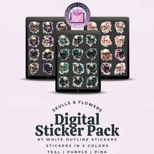 [Digital Stickers] Skulls & Flowers (White Outline) (3 Colors) BUNDLE 87 PNGs