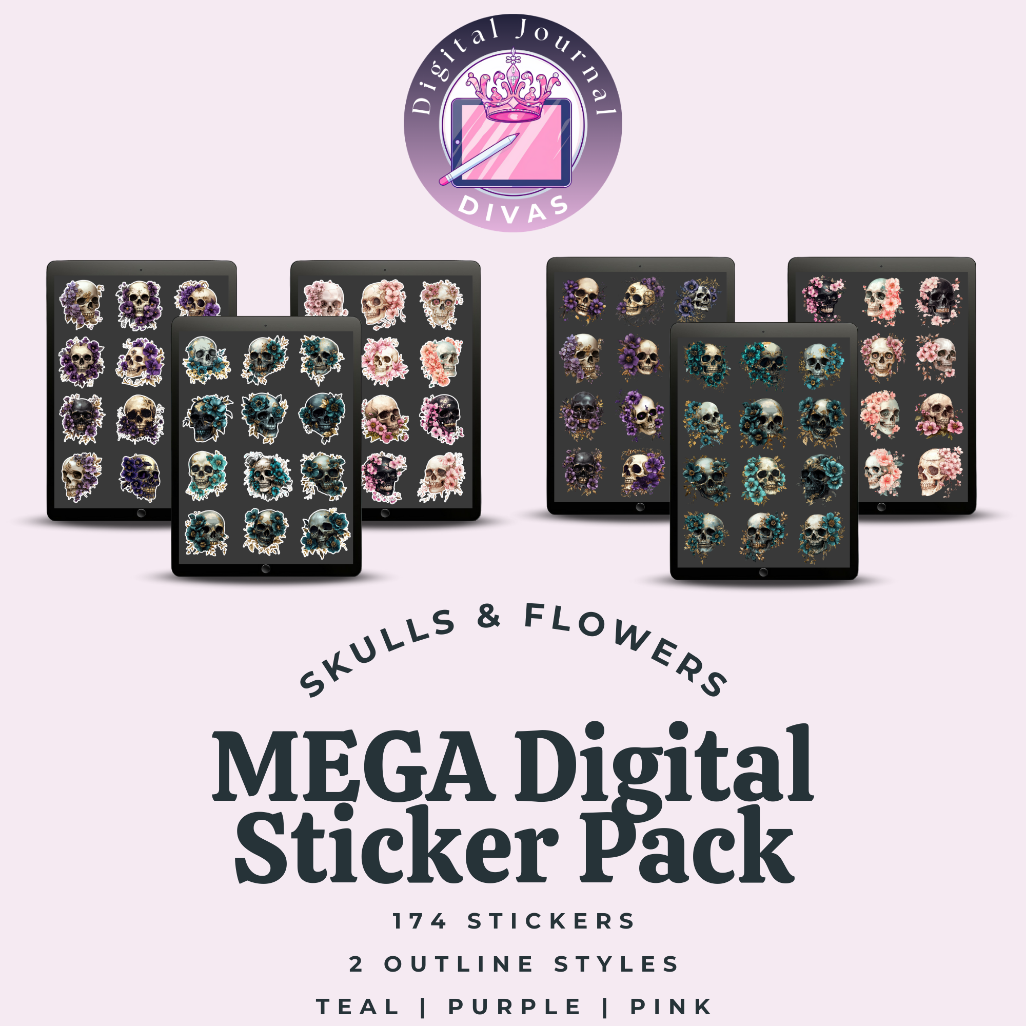 [Digital Stickers] Skulls & Flowers (2 Styles) (3 Colors) BUNDLE 174 PNGs