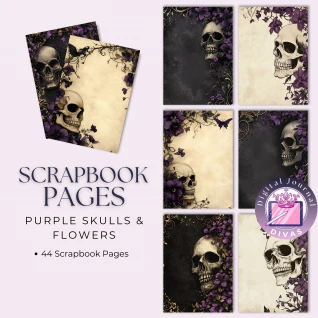 [Scrapbook Pages]  Purple Skulls & Flowers Pages 44 PNGs