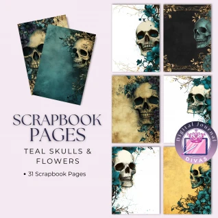 [Scrapbook Pages] Teal Skulls & Flowers Pages 31 PNGs