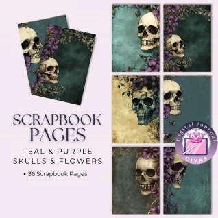 [Scrapbook Pages] Teal and Purple Skulls & Flowers Pages 36 PNGs