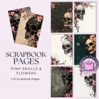[Scrapbook Pages] Pink Skulls & Flowers Pages 32 PNGs