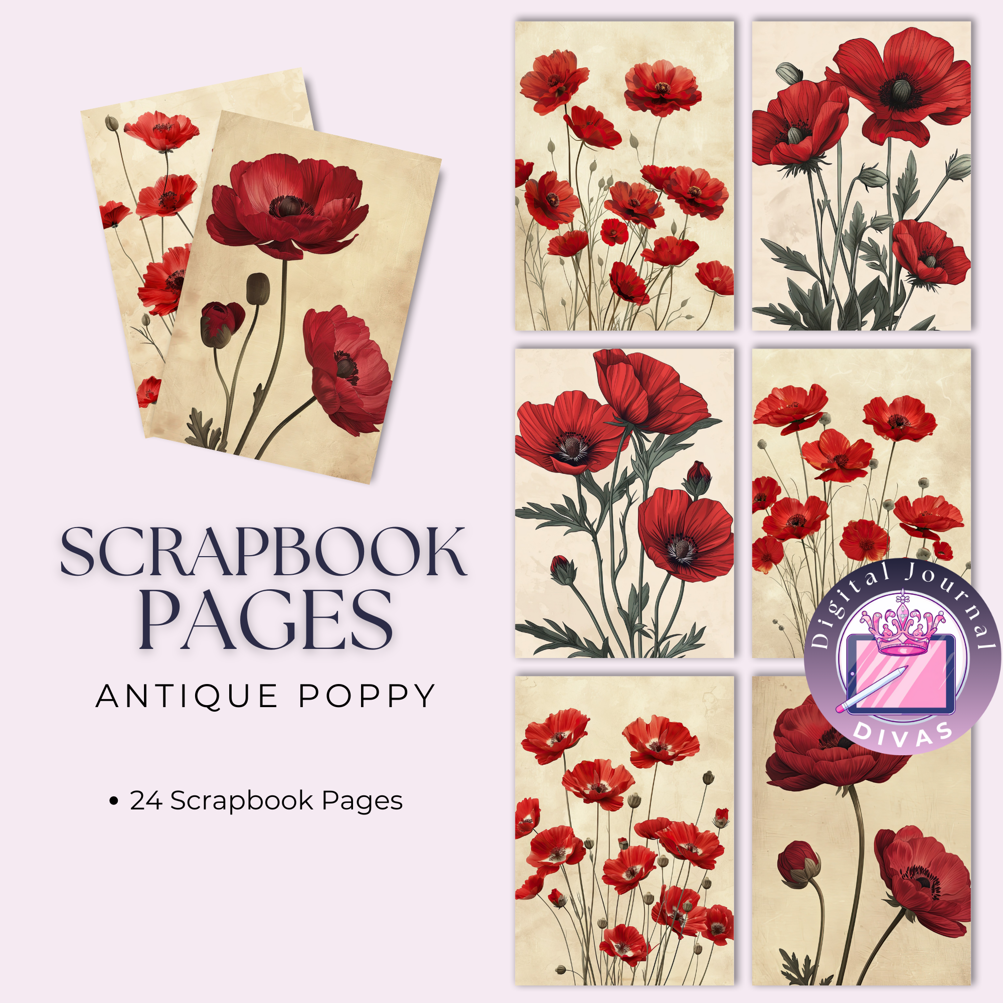 [Scrapbook Pages] Antique Poppy Pages 28 PNGs