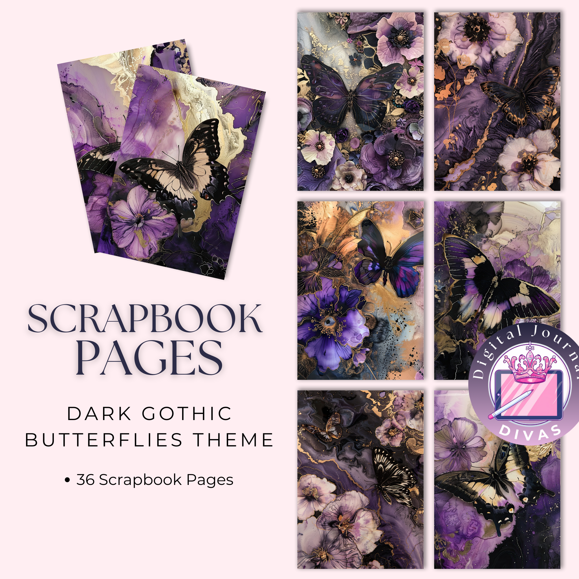 [Scrapbook Pages] Dark Gothic Butterflies Pages 36 PNGs