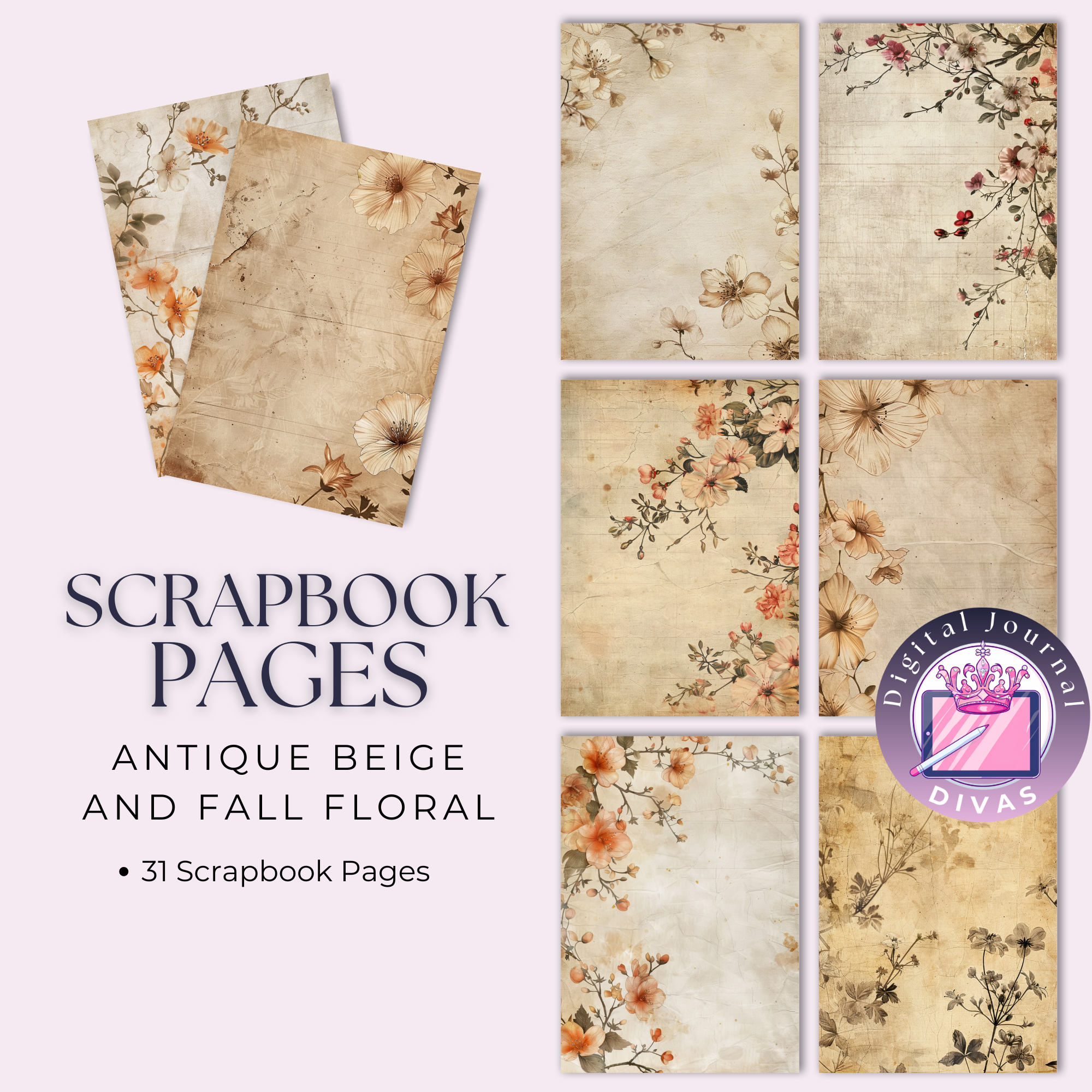 [Scrapbook Pages] Antique Beige and Fall Floral Pages 31 PNGs