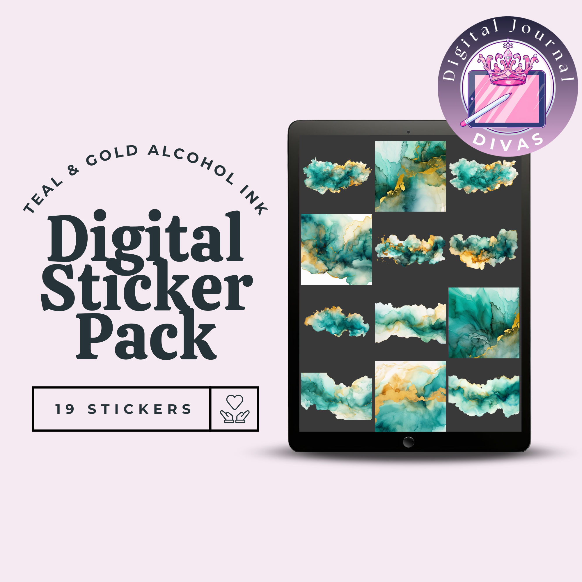 [Digital Stickers] Teal & Gold Alcohol Ink 19 PNGs