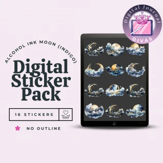 [Digital Stickers] Alcohol Ink Moon (Indigo) No Outline 16 PNGs