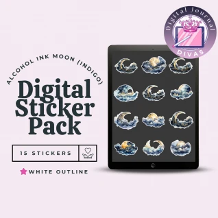 [Digital Stickers] Alcohol Ink Moon (Indigo) White Outline 15 PNGs
