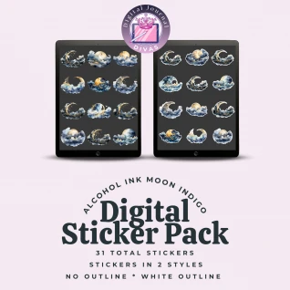 [Digital Stickers] Alcohol Ink Moon (Indigo) BUNDLE 31 PNGs