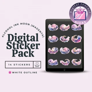 [Digital Stickers] Alcohol Ink Moon (Magenta) White Outline 14 PNGs