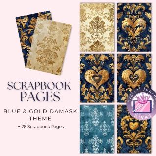 [Scrapbook Pages] Blue & Gold Damask Pages 19 PNGs