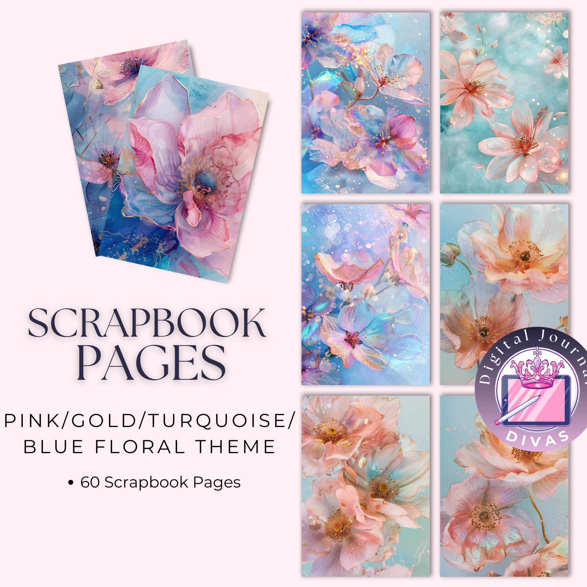 [Scrapbook Pages] Pink/Gold/Turquoise/Blue Floral Pages 66 PNGs