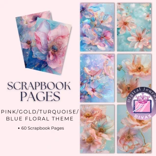 [Scrapbook Pages] Pink/Gold/Turquoise/Blue Floral Pages 66 PNGs