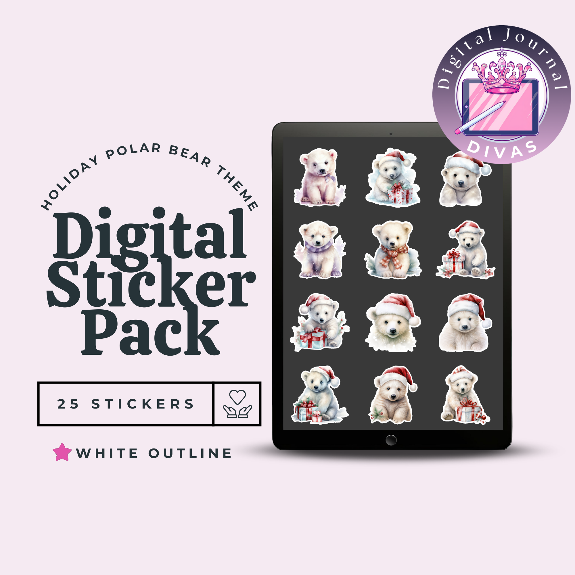 [Digital Stickers] Holiday Polar Bear (White Outline ) 25 PNGs