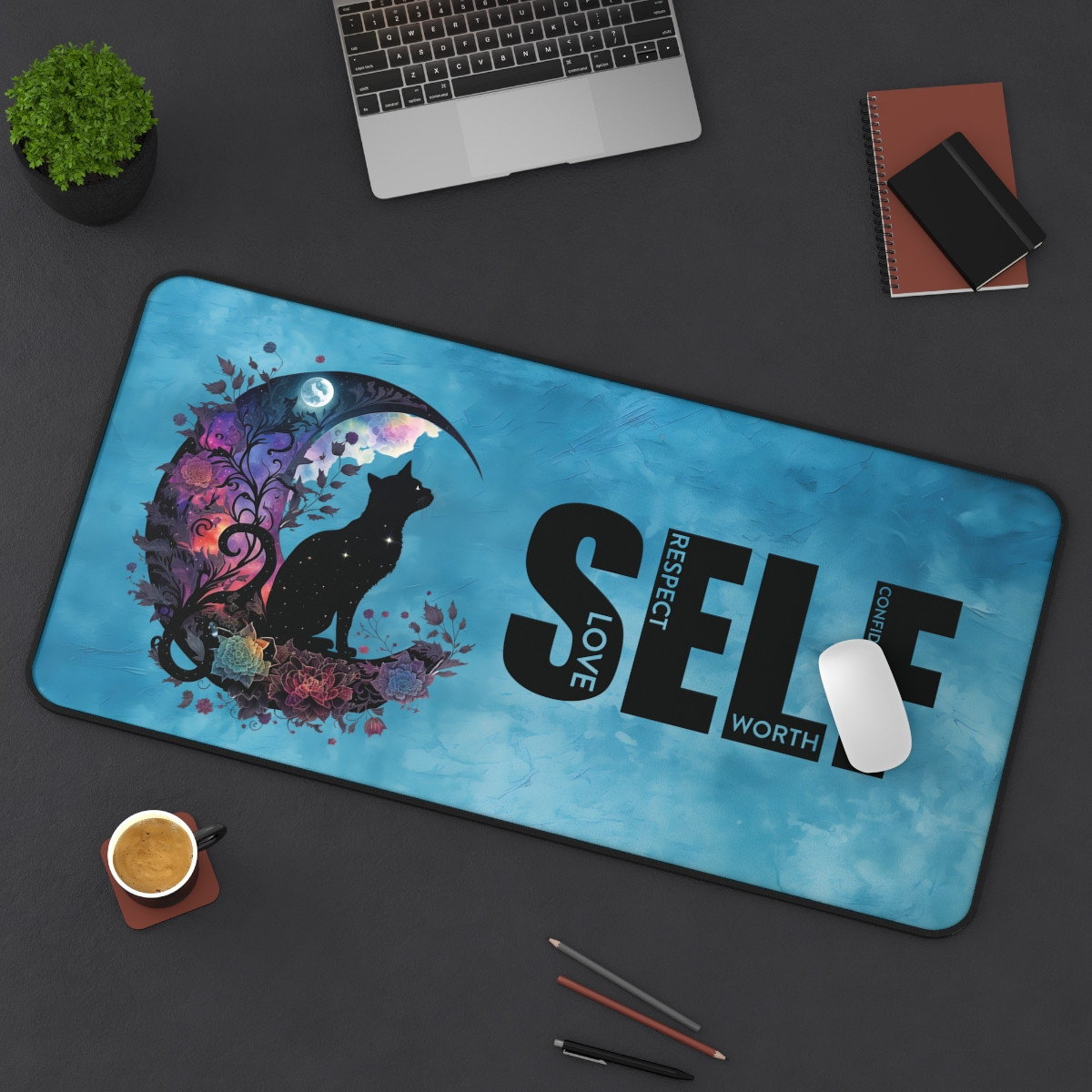 Inspirational Self-Worth Desk Mat - Cat & Moon Design