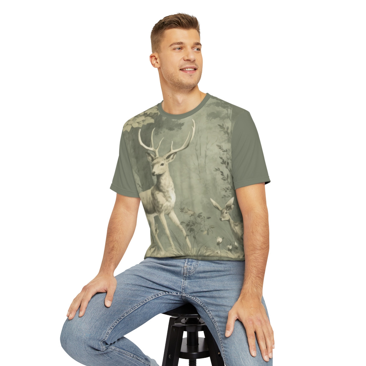 Nature-Inspired Men's Polyester Tee - Vintage Deer and Fawn Design