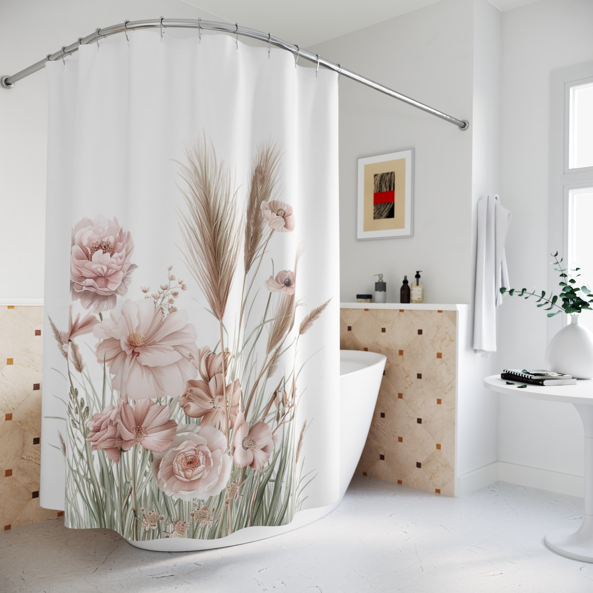 Boho Floral Shower Curtain - Elegant Bathroom Decor with Pink Blossoms and Pampas Grass