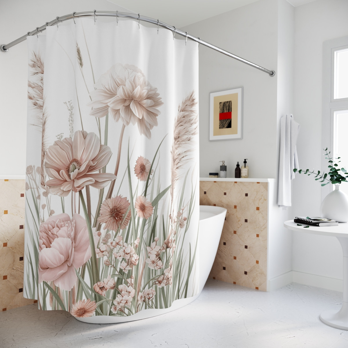 Boho Floral Shower Curtain - Elegant Botanical Design for Bathroom Decor
