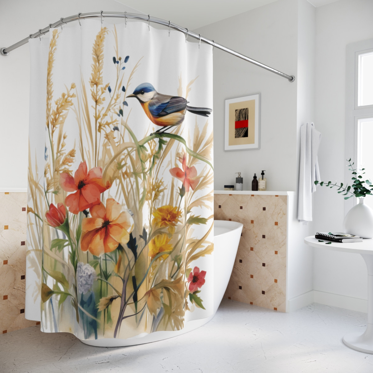 Floral Bird Shower Curtain – Elegant Nature Themed Bathroom Decor